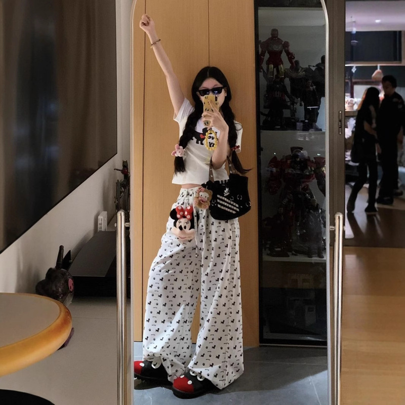 American Retro Casual Sportswear Suit for Women Summer Cute Puppy Print Slim Short-Sleeved Wide-Leg Pants Two-Piece Set