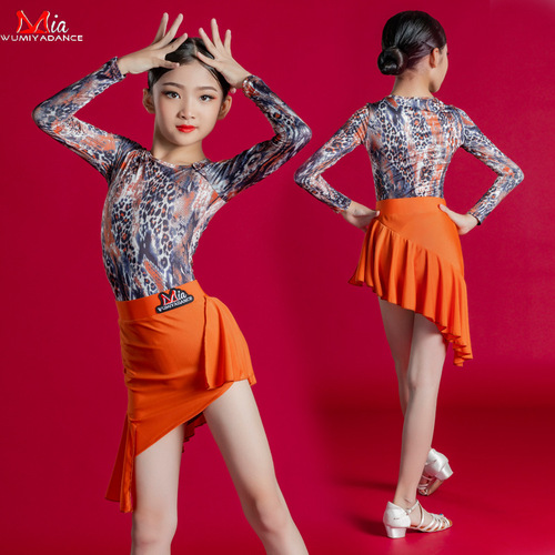 Orange leopard Girls Latin Dance Dress long-sleeved round collar fission Latin performance under training kids salsa latin learning competition dance outfits