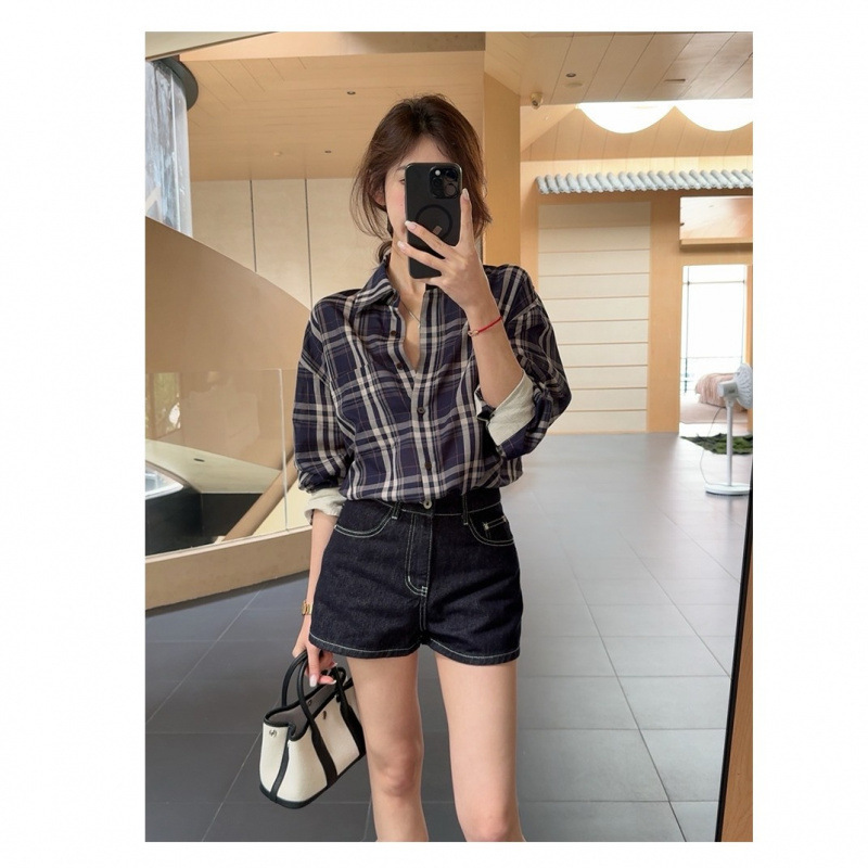 Vintage Hong Kong Style Layered Blue Plaid Shirt for Women 2025 Early Autumn New Shirt with a High-End Loose Trend