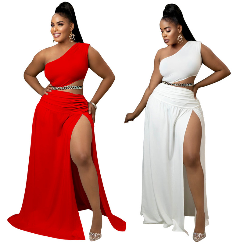 2022 European and American Women's Clothing Amazon plus size suit Solid Color Inclined Shoulder Open Shoulder Sexy Bag Hip Split Elegant Two-Piece Set