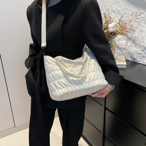 2024 winter casual lazy, foreign style, portable wide shoulder strap, cross-body bag, women's space cotton embroidery thread, large capacity, solid color
