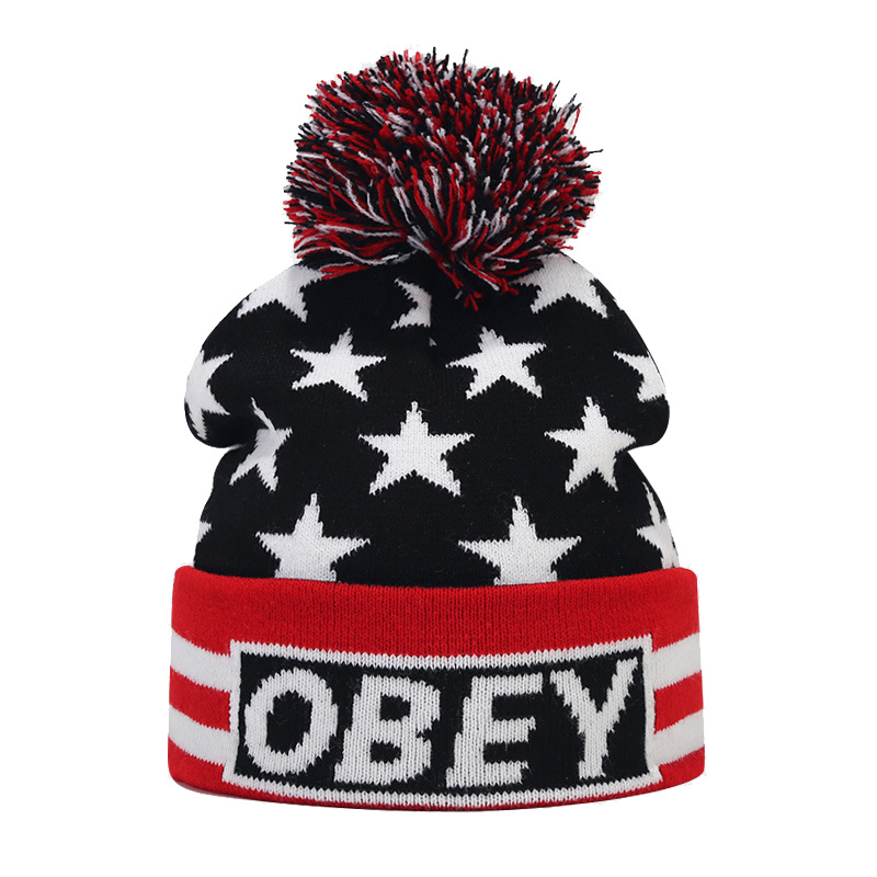American style new knitted with five pointed star stripe jacquard hat, wool ball yarn ear protection hat_voghion.com