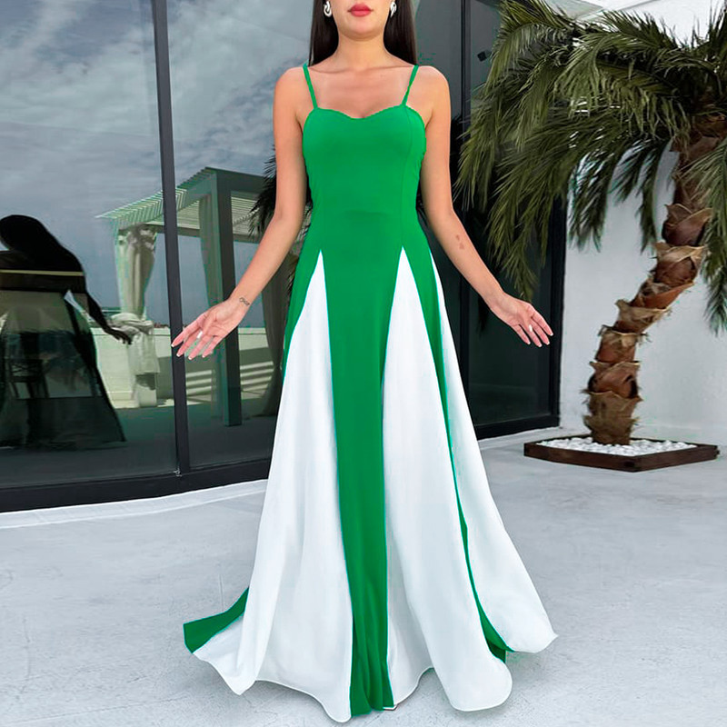 Fashionable Women's Contrast Stitching Suspender Prom Evening Dress_voghion.com