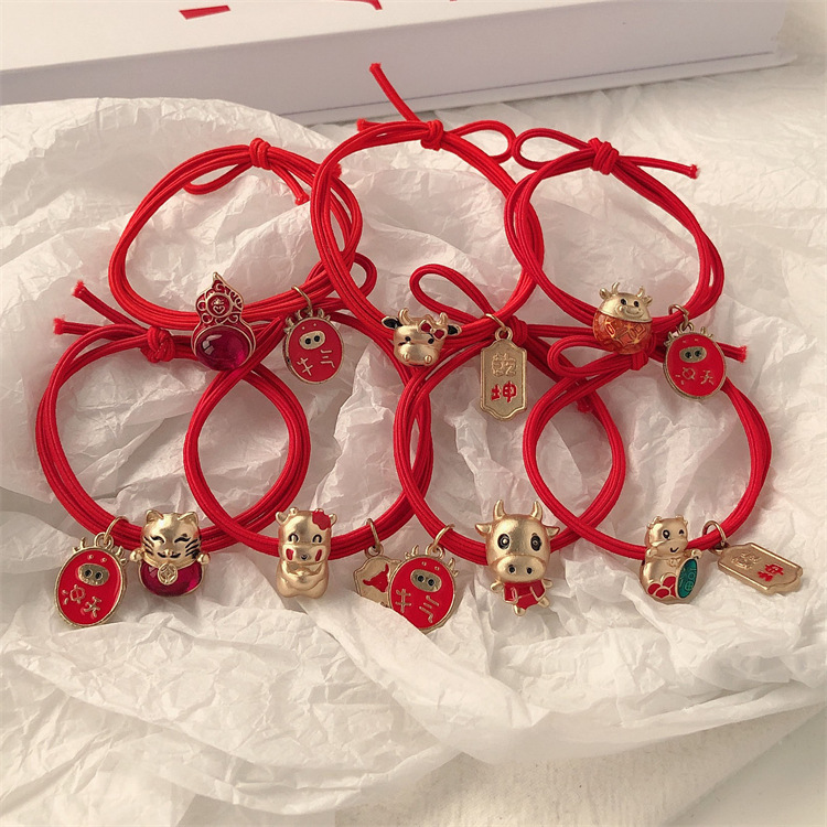 Fiesta de Año Nuevo de metal rojo elástico cuerda de cabeza de cabello de arco elástico de cabello de alta cola de caballo adornos de cabello