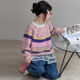 女童毛衣春秋2026新款女孩彩虹条纹撞色针织衫儿童秋装宽松上衣服