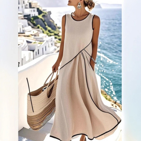 2025 European and American Cross-Border Round Neck Sleeveless Contrasting Color Loose Slimming Look Cross Dress Sleeveless Long Skirt 2025 European and American Cross-Border Round Neck Sleeveless Contrasting Color Loose Slimming Look Cross Dress Sleeveless Long Skirt