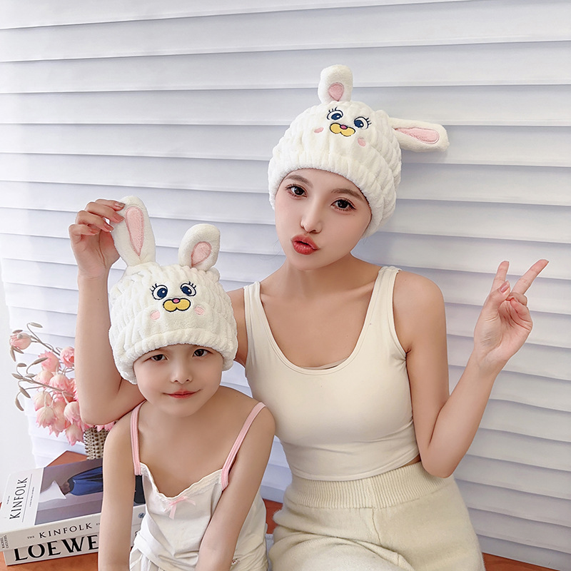 子供の髪の帽子の卸売りのサンゴの毛の漫画のウサギの耳の吸水の帽子の女性の成人のシャワーの帽子のメーカーの卸売り|undefined