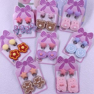 New Children's Earrings Girls Cute Sweet Resin Cartoon Bow Smiley Bear Pendant Anti-Pain Ear Clip