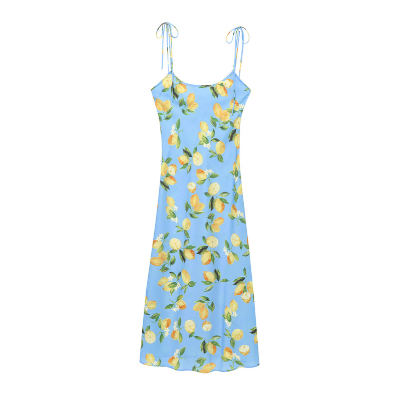 25 New Summer Women's French Hottie Suspender Skirt Lemon Print Bias Cut Long Floral Slimming Look Printed Dress