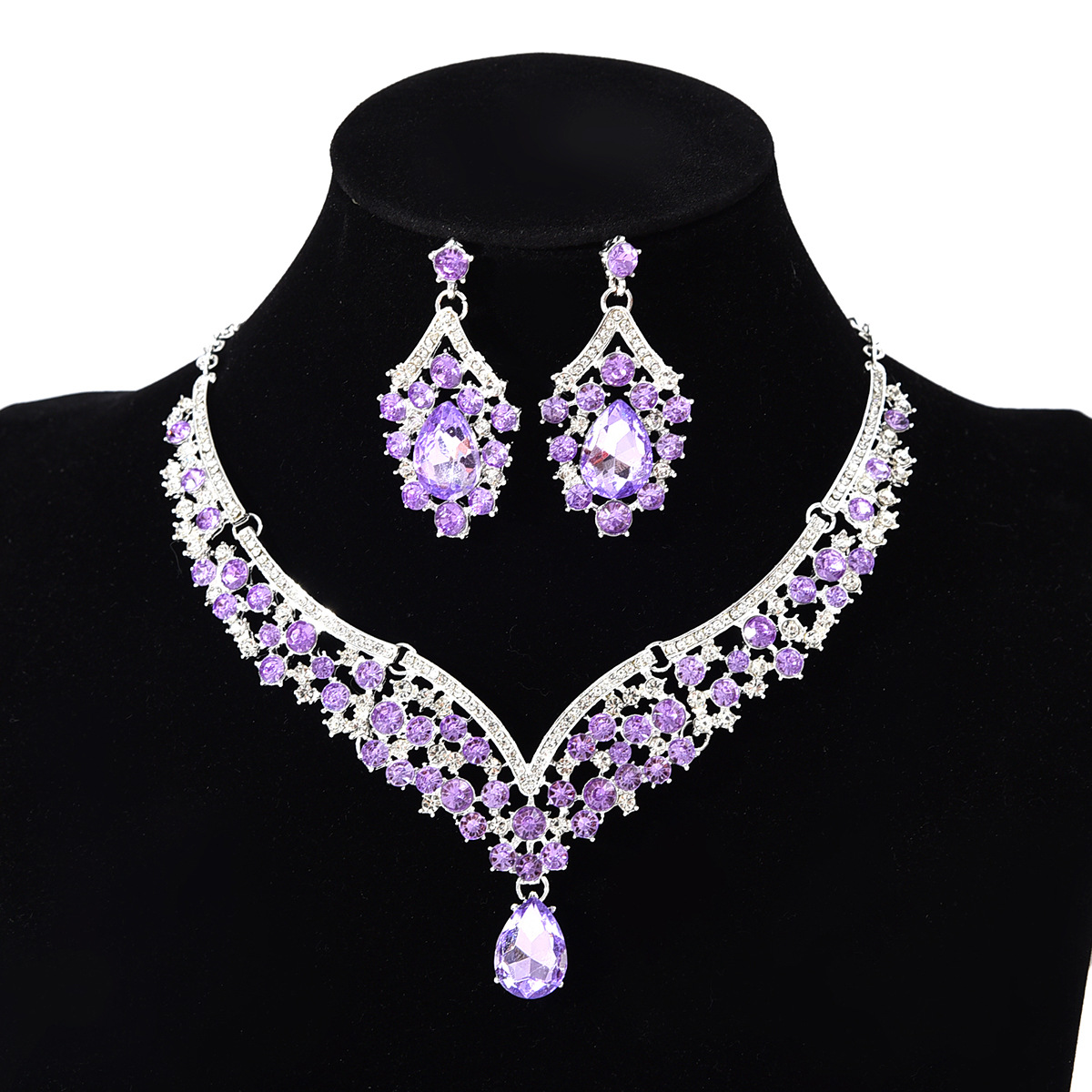 Ensemble collier et boucles d'oreilles pendentif exagérés, style rétro européen et américain, orné de pierres précieuses en cristal, chaîne ras du cou pour femme._voghion.com