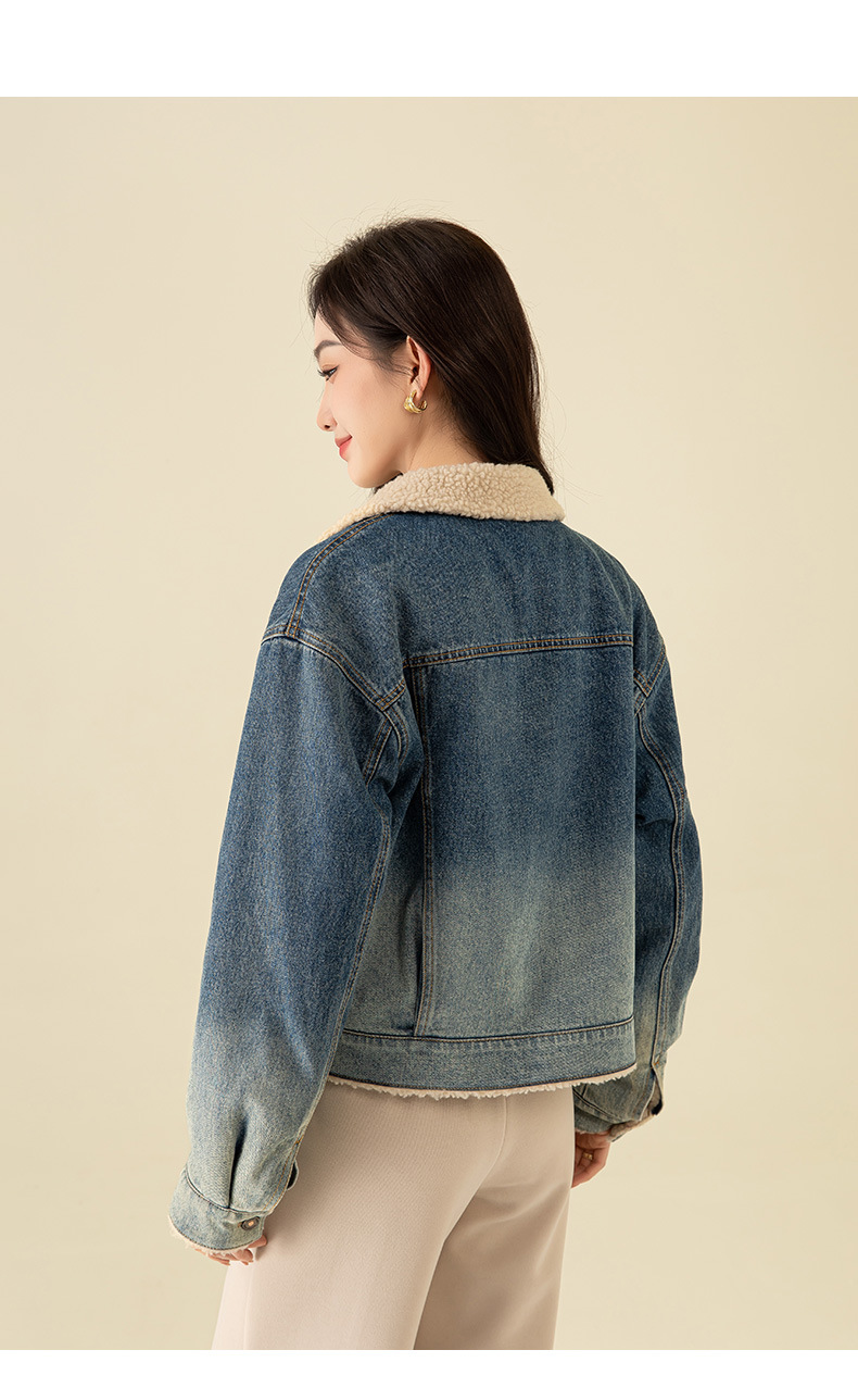 Áo khoác ngắn nữ denim phối màu giả lông cừu, dày dặn giữ ấm — Chuyển dần xanh lam chi tiết 22