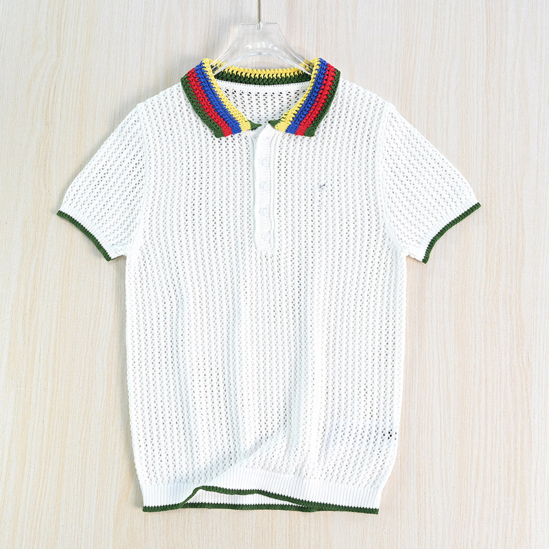 Siqi Women's Clothing 266/11 American Single Embroidery Coarse Knit Cotton Thread Hollow Out Contrast Color Polo Collar Casual Short Sleeve Knit Shirt