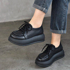 輕盈松糕厚底復古風中年女鞋2024年春款圓頭系帶低幫百搭真皮單鞋