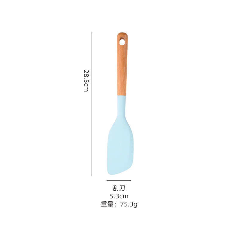 Suministros de cocina Mango de madera de silicona sartén antiadherente europea Espátula de silicona Juego de 10 piezas Juego de utensilios de cocina azul resistente a altas temperaturas