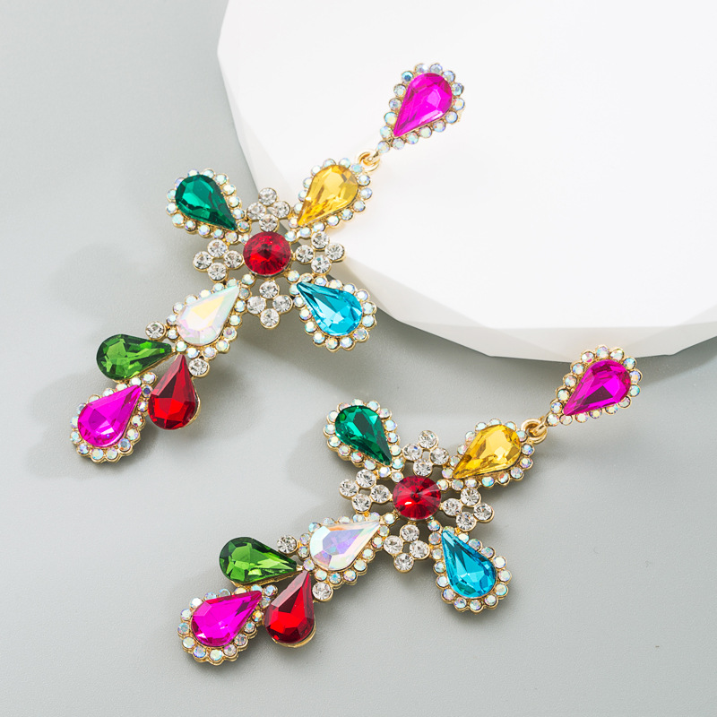 Mode Croix Alliage Inlay Strass Boucles D'oreilles display picture 3