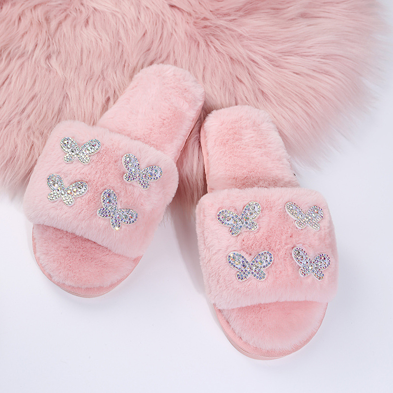 Plush Butterfly Cotton Rhinestone Slippers NSKJX104251