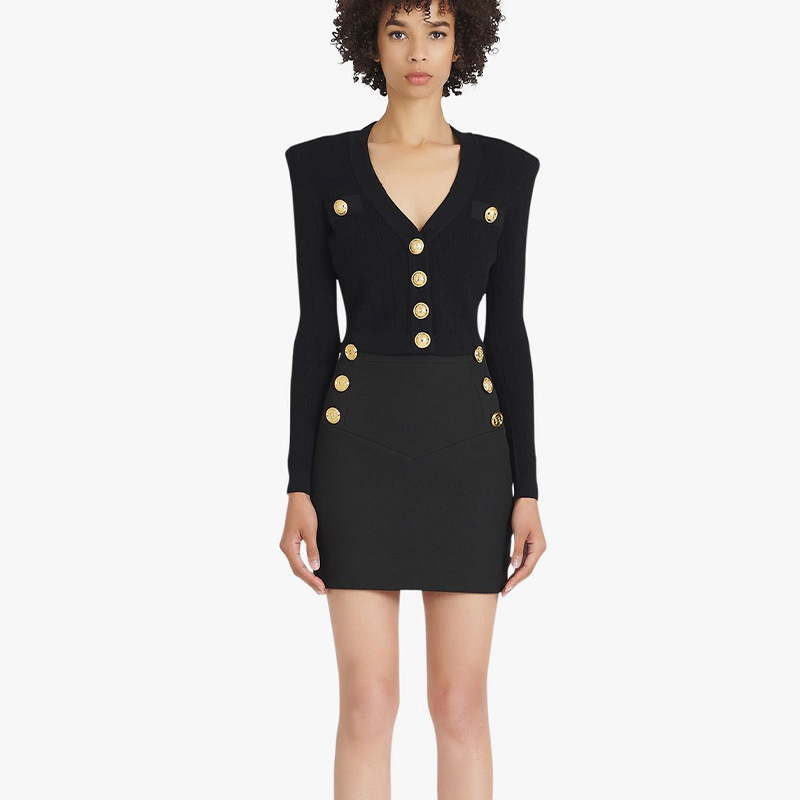 Bajia 26 Spring and Autumn Deep V-Neck Long Sleeve Heavy Metal Button Hollow-Out Slimming Elegant Short Knitted Cardigan