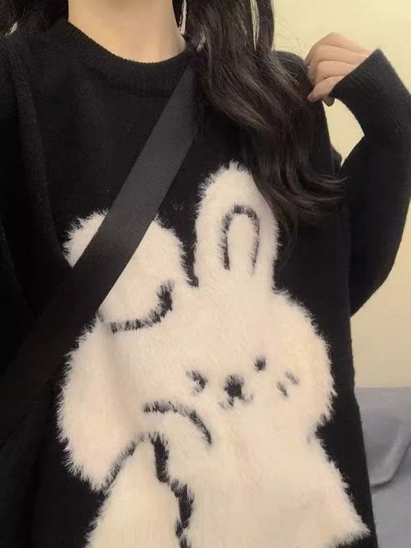 超可爱！慵懒风黑色兔子套头毛衣女秋装新款宽松长袖针织衫上衣潮|undefined
