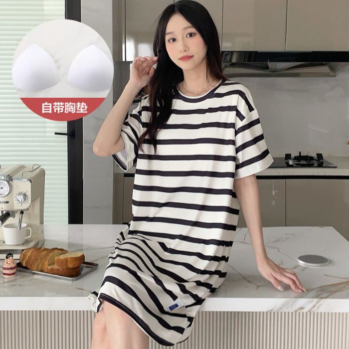 Venta al por mayor transfronteriza verano nuevo pijama mujer leche cinta cojín en el pecho puede dormir desnudo estampado de dibujos animados gran tamaño camisón de manga corta