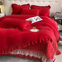 冬季夹棉加绒加厚牛奶绒床盖款四件套双面珊瑚绒被套蕾丝花边床罩