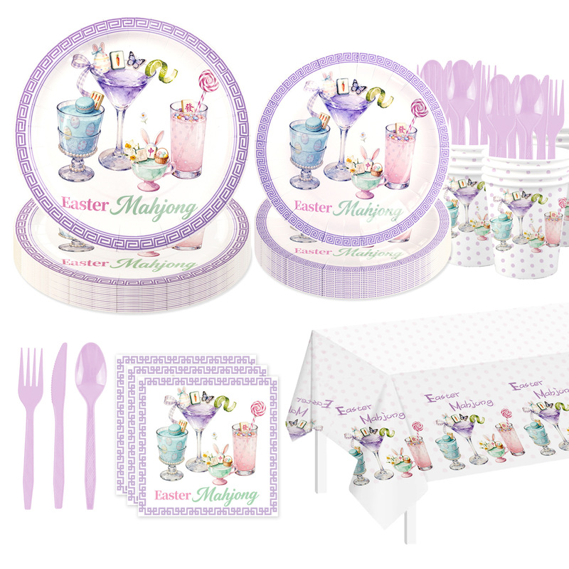 Easter Themed Birthday Party Disposable Tableware Mahjong Wine Glasses Party Supplies Set Decorative Tablecloth Paper Plates
