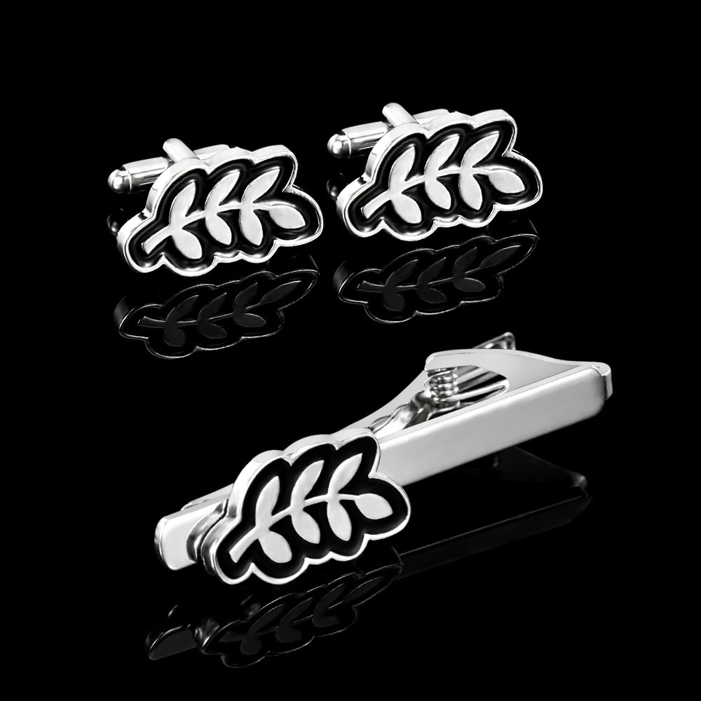 simple leaf cufflinks men's business French shirt cuff nails tie clip set gift box ready to buy_voghion.com