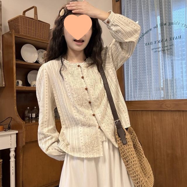 法式复古蕾丝拼接条纹衬衫2025春夏新款小众设计感洋气长袖上衣女|undefined