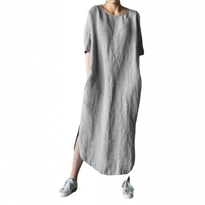 2024Wish Aliexpress Round Neck Short-Sleeved Solid Color Side Slit Mid-Calf Dress Large Quantity in Stock Short-Sleeved Elegant