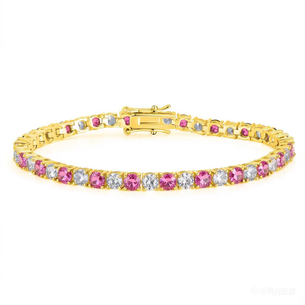 Pink white diamond gold 4mm / 6inch bracelet (about 16cm long)
