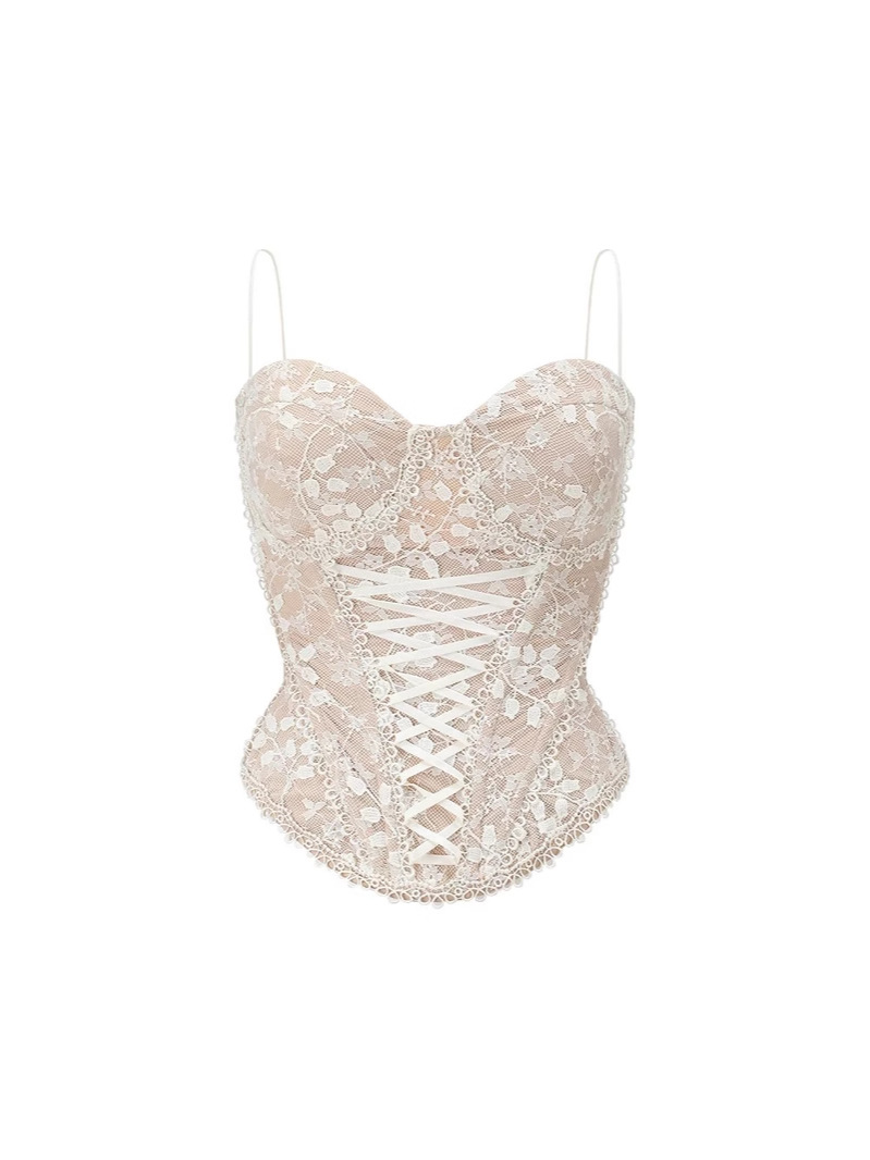Blanca luna tejido sueños 2025ss primavera francesa pura sexy encaje retro romántico encaje malla busto de hueso de pescado