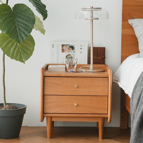 Nordic solid wood nightstand with minimalist modern design, suitable for small bedroom storage, cherry wood nightstand