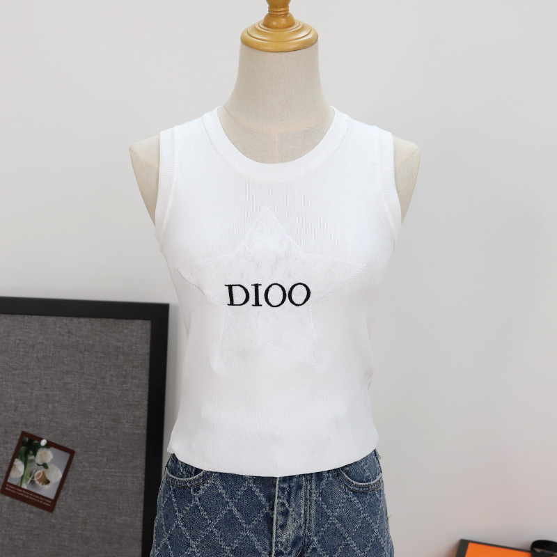 2025夏季新款韩版简约五角星字母提花圆领百搭无袖针织背心上衣女