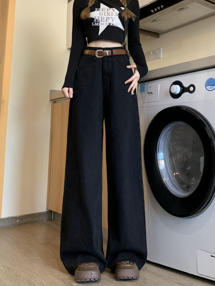 Women's High-Waisted Wide Leg Jeans Retro Black Slimming Straight Leg Trousers Loose Fit Floor-Length Spring Style_ecoleips.com