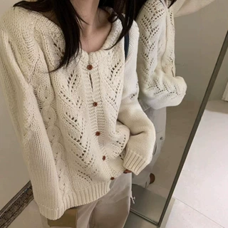 韩系风设计感镂空针织开衫女秋冬新款简约百搭减龄长袖毛衣女上衣