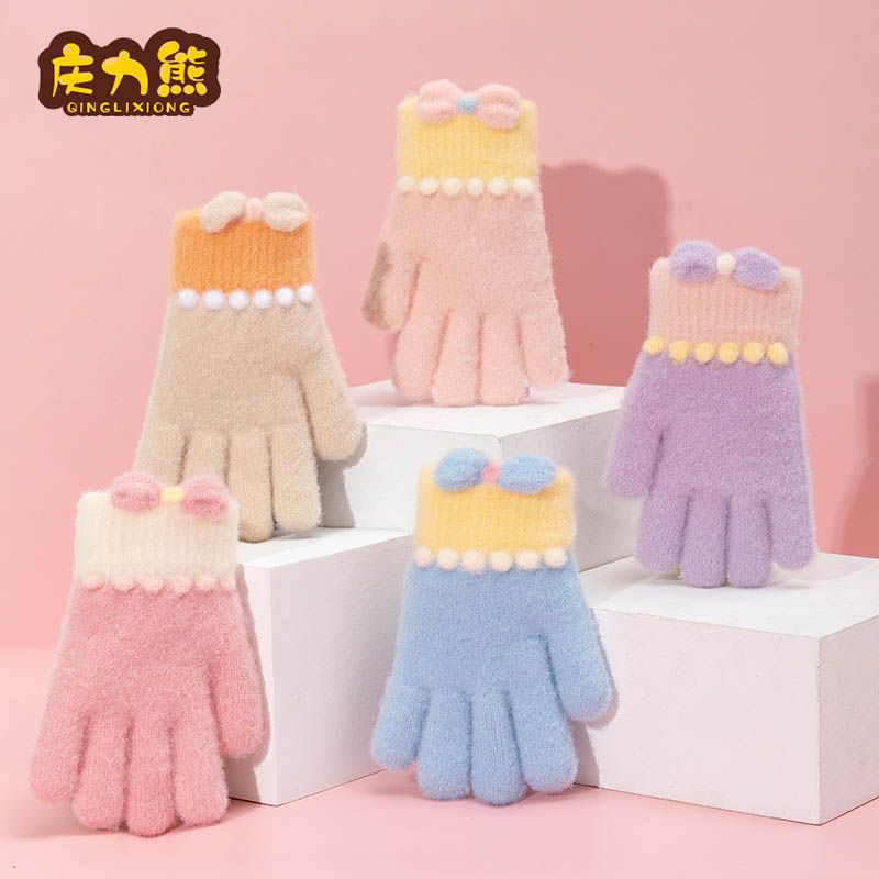 庆力熊儿童手套冬季保暖宝宝男女童加厚毛绒五指针织毛线幼儿小童