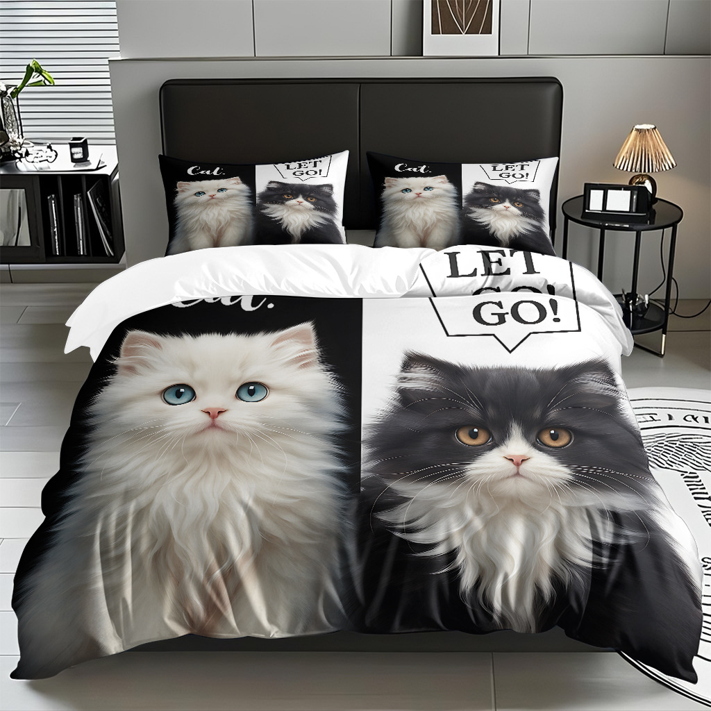 TEMU / JIT adorable gatito impresión digital suave set de colcha de edredón textil para el hogar se puede diseñar venta directa de fábrica