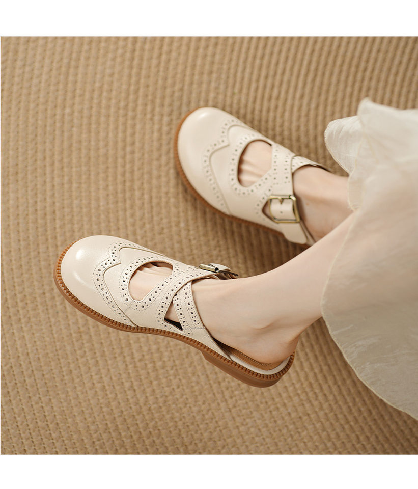 Dép sandal nữ da bò mũi trùm đế bằng, quai chéo chạm trổ cổ điển — đen chi tiết 6