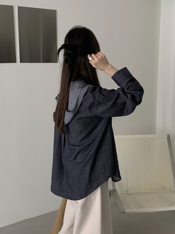 THINK十三行韩系休闲撞色格子衬衫女25秋宽松慵懒风上衣（含披肩|undefined