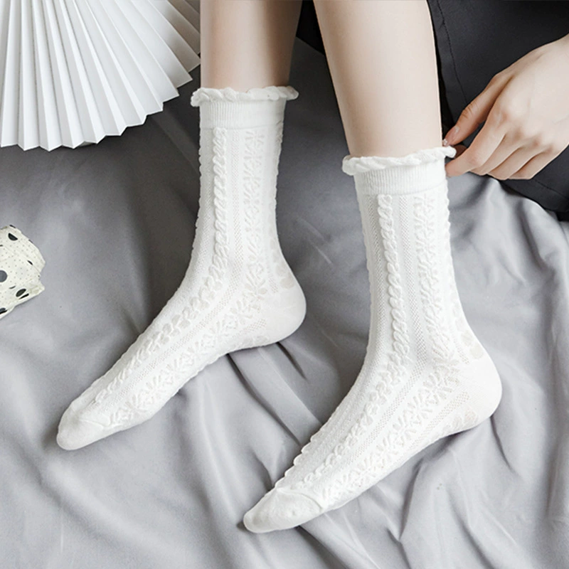 Колготки-носочки, тонкие летние в стиле Lolita, белые, с рисунком, one size (вариант из полиэстера/хлопка и хлопка)