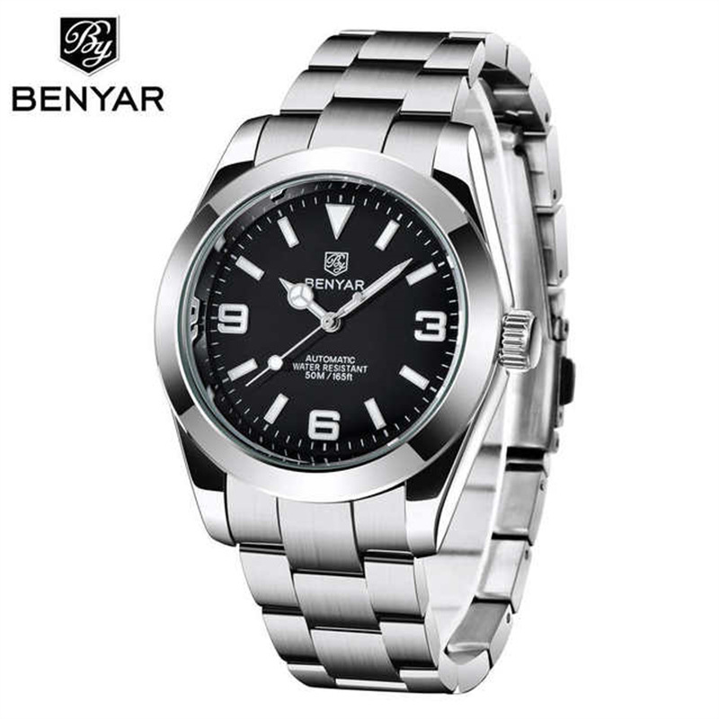 Benyar binya nuevo reloj de los hombres reloj mecánico automático correa de acero moda impermeable reloj luminoso 5177