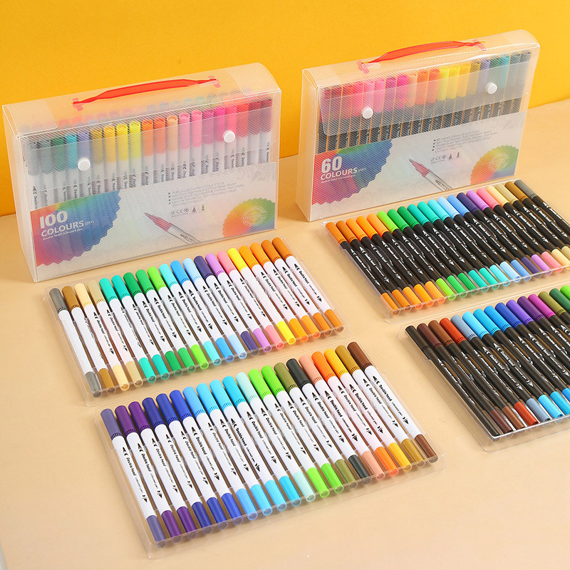 Dual-tip watercolor markers 120 colors washable children's brush set student art painting water-based hook line pens wholesale