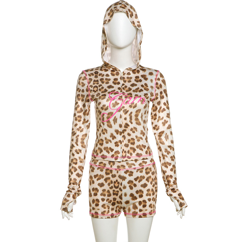 Spring Casual Leopard Print Slim Fit Hood Zipper Top High Waist Shorts Set Women