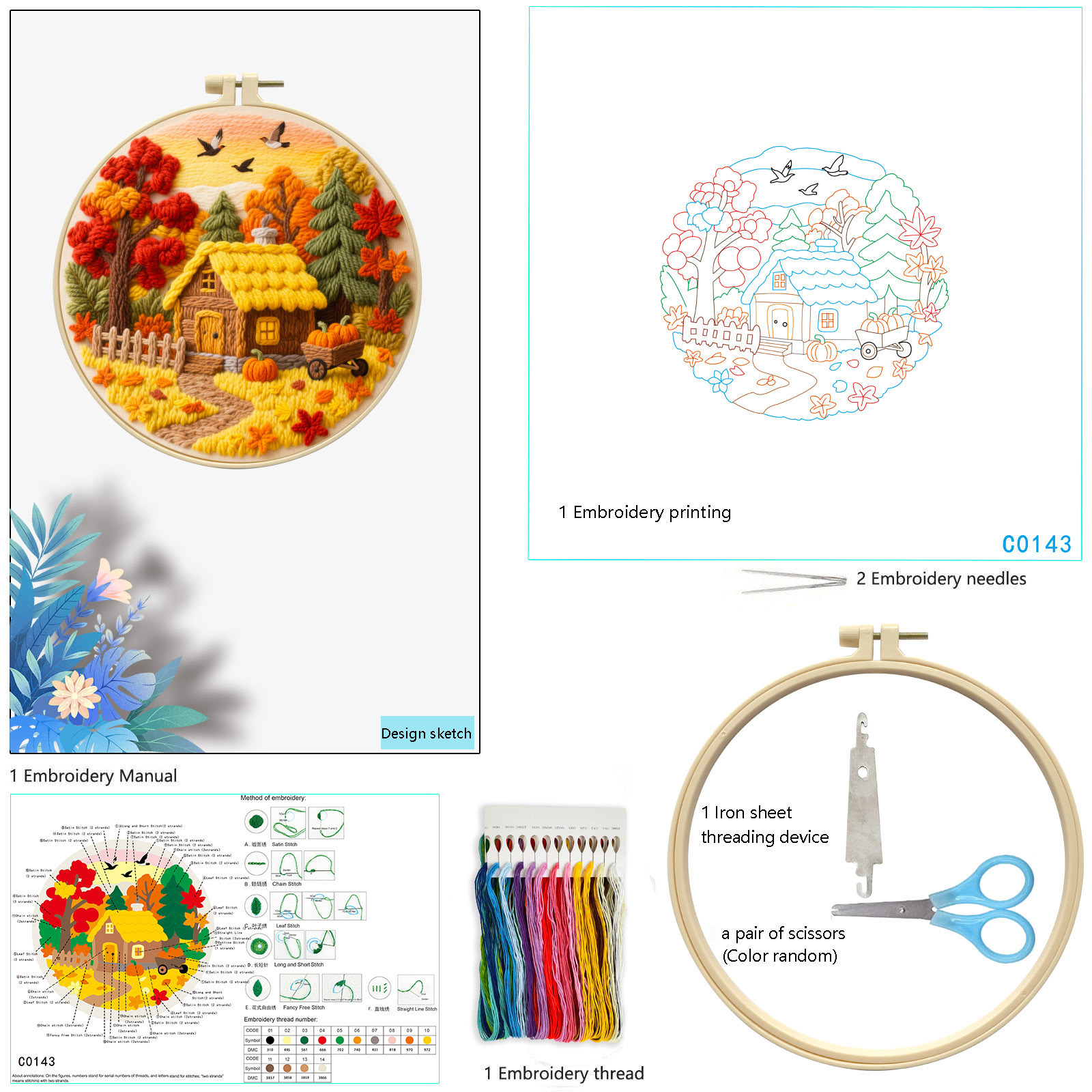 2025 nuevos productos transfronterizos paquetes de materiales de bordado DIY otoño cabina hermoso paisaje fabricante de kits de bordado al por mayor