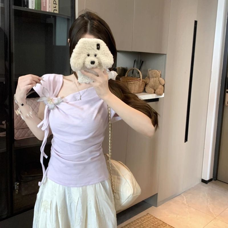 大码胖mm蝴蝶系带纯欲辣妹短袖t恤女夏季新款设计感修身显瘦上衣|undefined