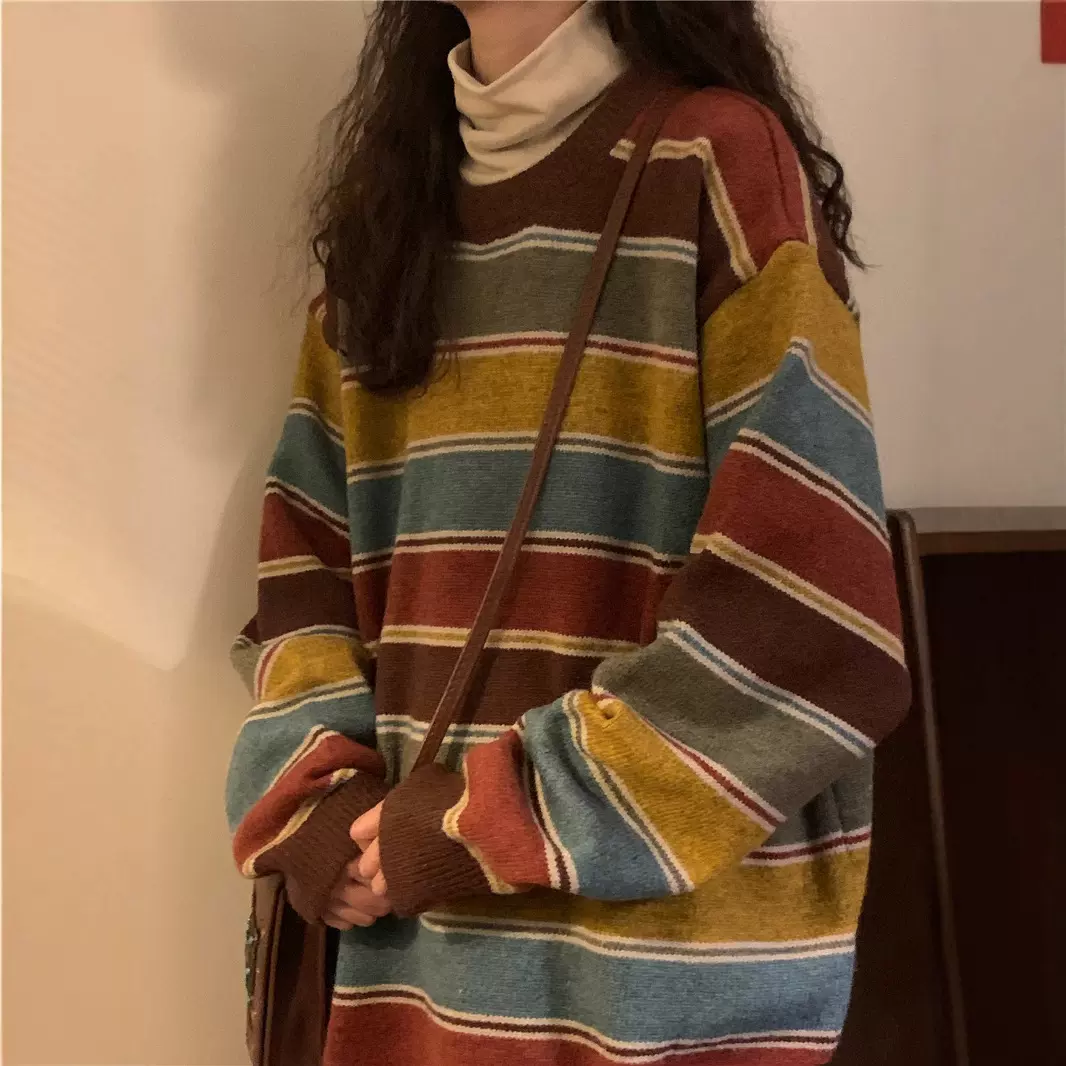 慵懒风宽松撞色条纹毛衣女秋冬新款大版内搭软糯外穿休闲针织上衣