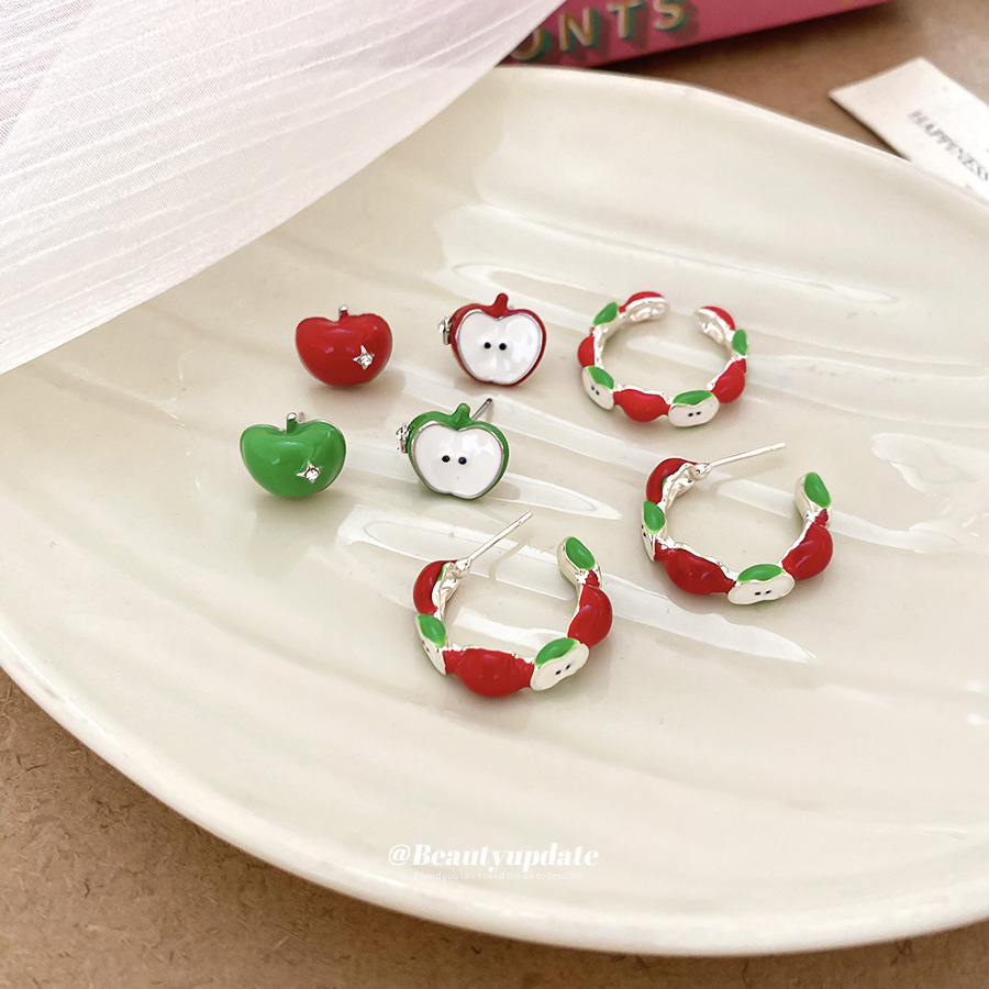 Ensemble de bagues en forme de pomme en forme de C, style forêt, avec aiguille argentée et motif goutte d'huile. Boucles d'oreilles au design unique et frais._voghion.com