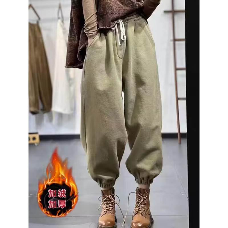 秋冬新款松紧腰纯色简约百搭宽松休闲显瘦棉加厚加绒哈伦裤女