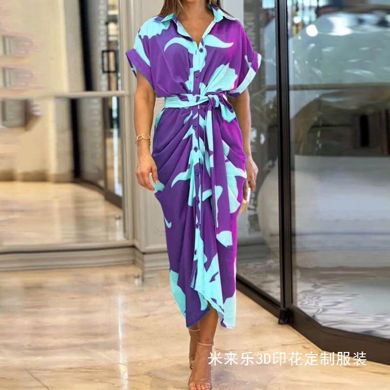 Foreign Trade 2025 Amazon Ins European and American Cross-Border Women's Printed Lapel Short-Sleeved High-Waisted Long Shirt Dress