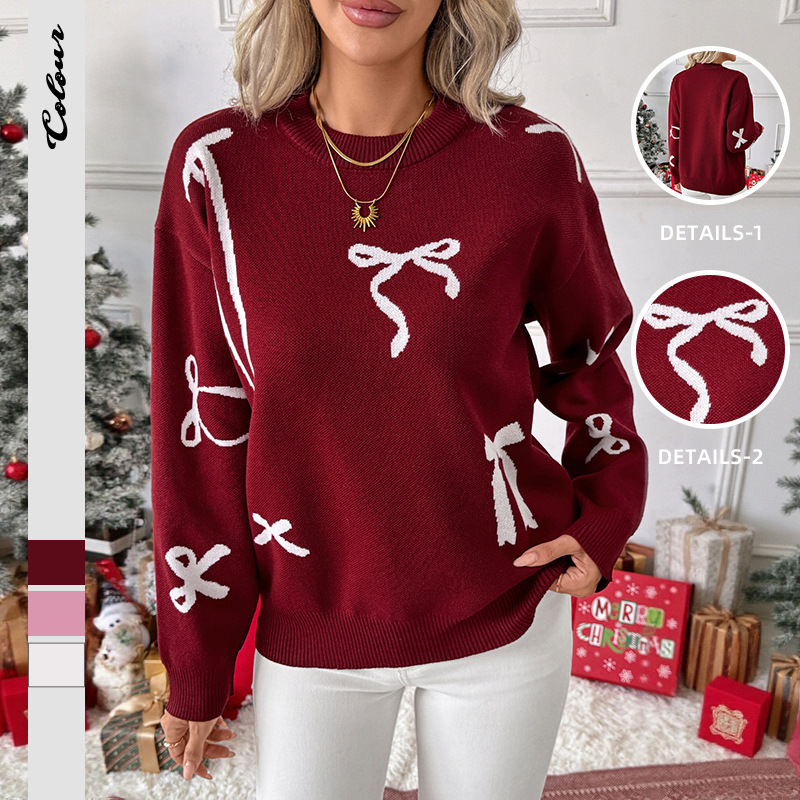 【Baifen Clothing】Amazon 2025 New Hot-Selling Christmas Sweet Style Bow Jacquard Autumn and Winter Sweater 【Baifen Clothing】Amazon 2025 New Hot-Selling Christmas Sweet Style Bow Jacquard Autumn and Winter Sweater