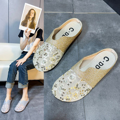 圓頭包頭網紗半拖鞋女2024夏季外穿低跟平底懶人一腳蹬鏤空涼拖鞋